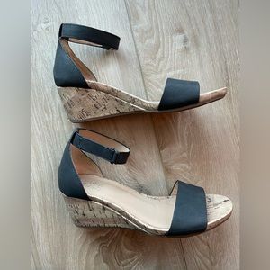 Black and cork wedge sandal with Velcro ankle strap. Size 8
